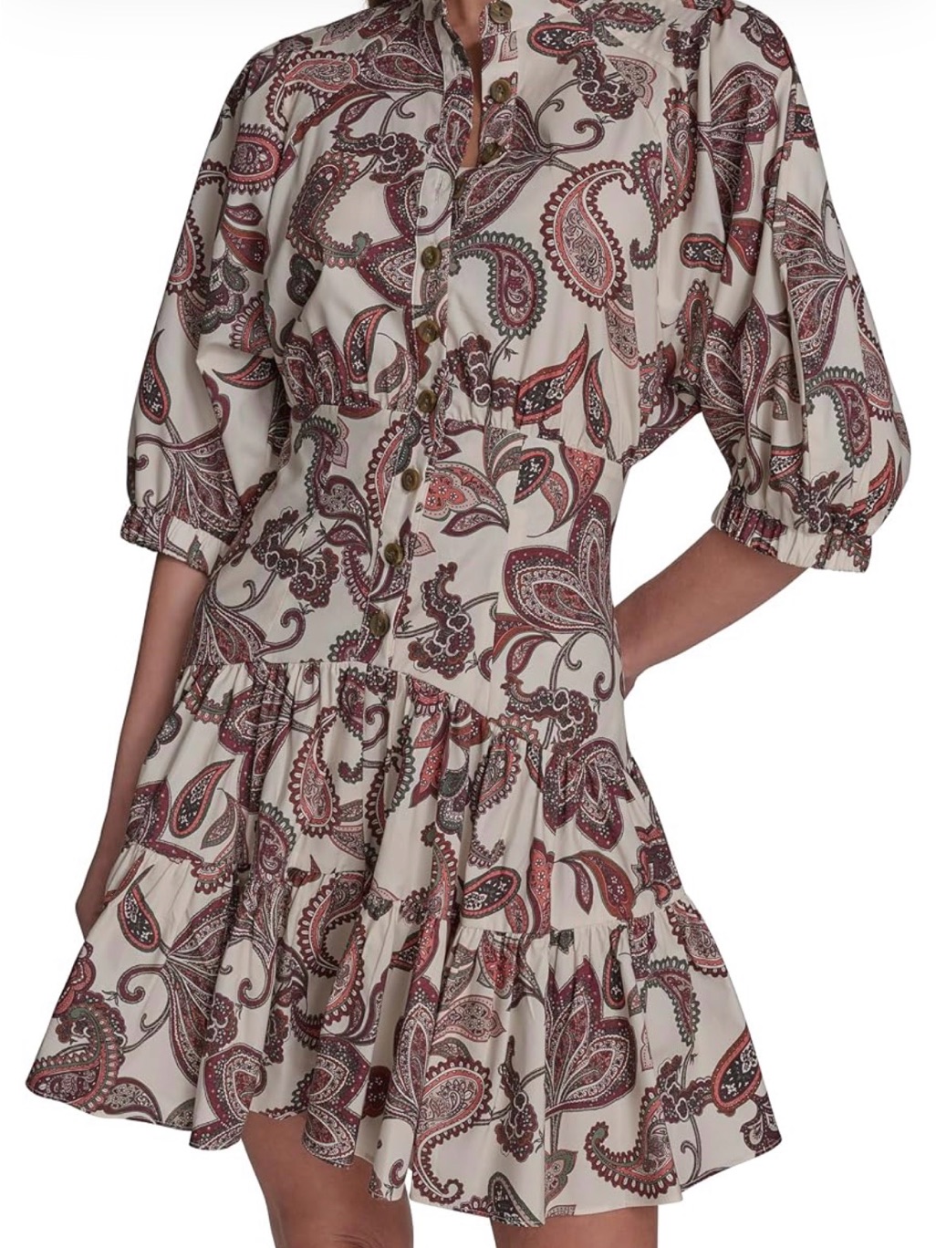 Bcbg Cream Paisley Mini Dress With Burgundy And Brown Accents